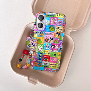 夏日ins小众古早多巴胺彩色拼接拓麻歌子手链吊坠16promax适用iphone15pro双层印花14手机壳苹果13硬壳男女