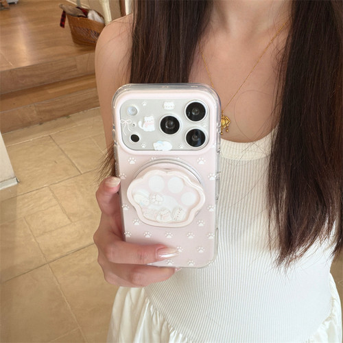 韩风ins可爱软萌可爱少女心粉色猫爪摇摇乐磁吸支架17promax适用iphone16pro圆边双层硬壳苹果15精准孔手机壳