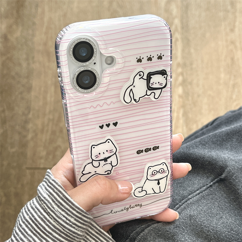 韩风ins软萌可爱奶呼呼立体三只小猫咪17ptomax适用iphone16pro简约粉色双层条纹15手机壳14苹果13硬壳防摔女