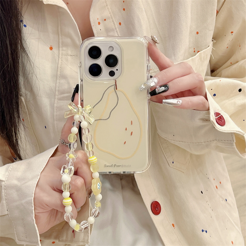 夏日ins小清新简约美术生手绘线条水果草莓梨子手链16promax适用iphone15pro奶黄圆弧双层14手机壳苹果13少女