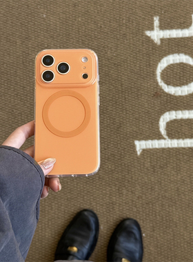 日韩ins小众极简纯色百搭橙色17air适用iphone16pro双层蓝色磁吸15手机壳14苹果13硬壳奶白保护套防摔情侣款