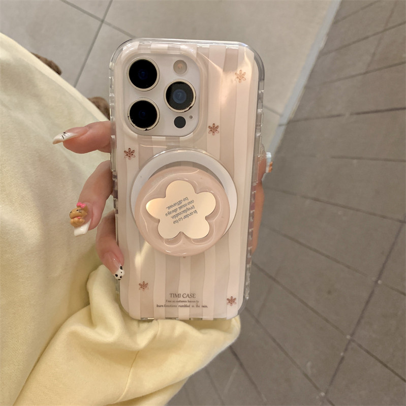 日韩ins可爱少女心甜美粉色镜子花朵磁吸支架16promax适用iphone15pro圆边双层磁吸简约条纹14手机壳苹果13女
