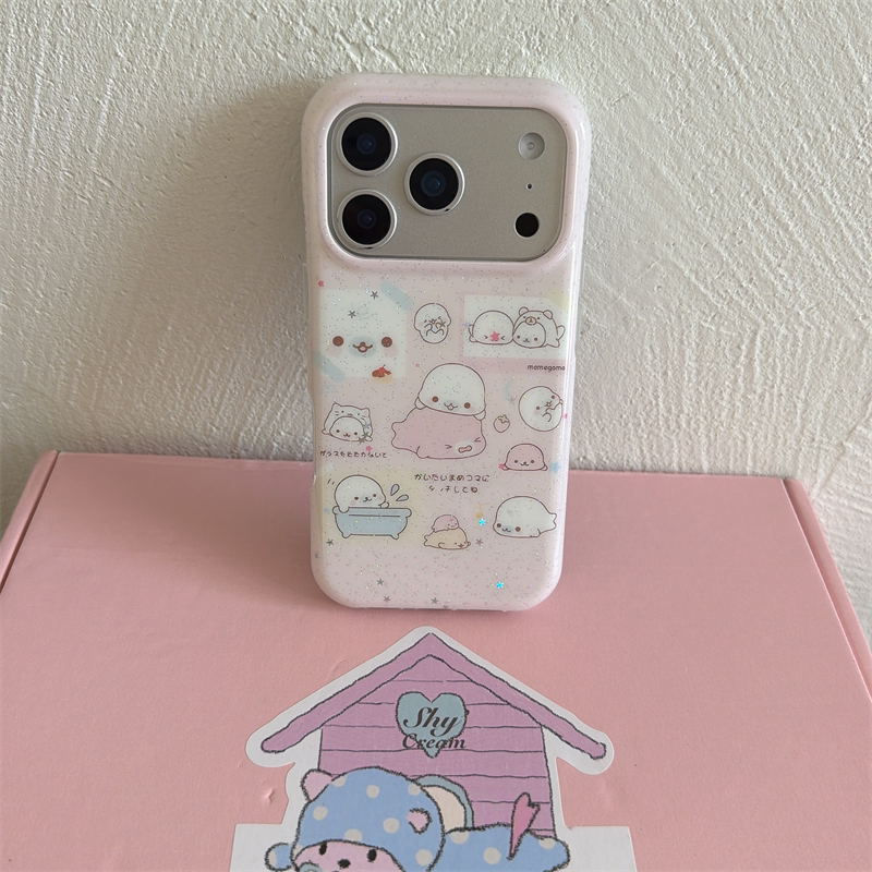 韩系ins可爱少女心粉色小海豹手链17promax适用iphone16pro圆边双层硬壳细闪苹果15pro手机壳防摔卡通保护套