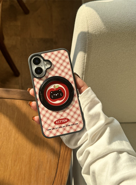 ins卡通可爱少女红色格纹苹果小黑猫360度旋转磁吸支架16promax适用iphone15pro菲林黑边14手机壳防摔13女12