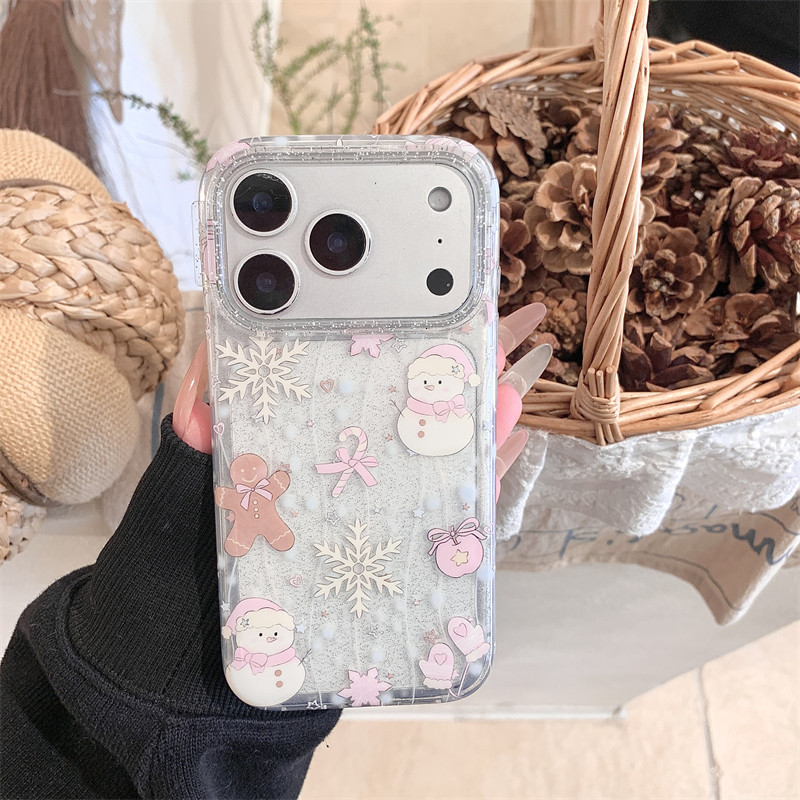 冬日ins可爱少女心氛围感粉色雪人雪花姜饼人细闪17promax适用iphone16pro双层14手机壳13硬壳防摔苹果15卡通