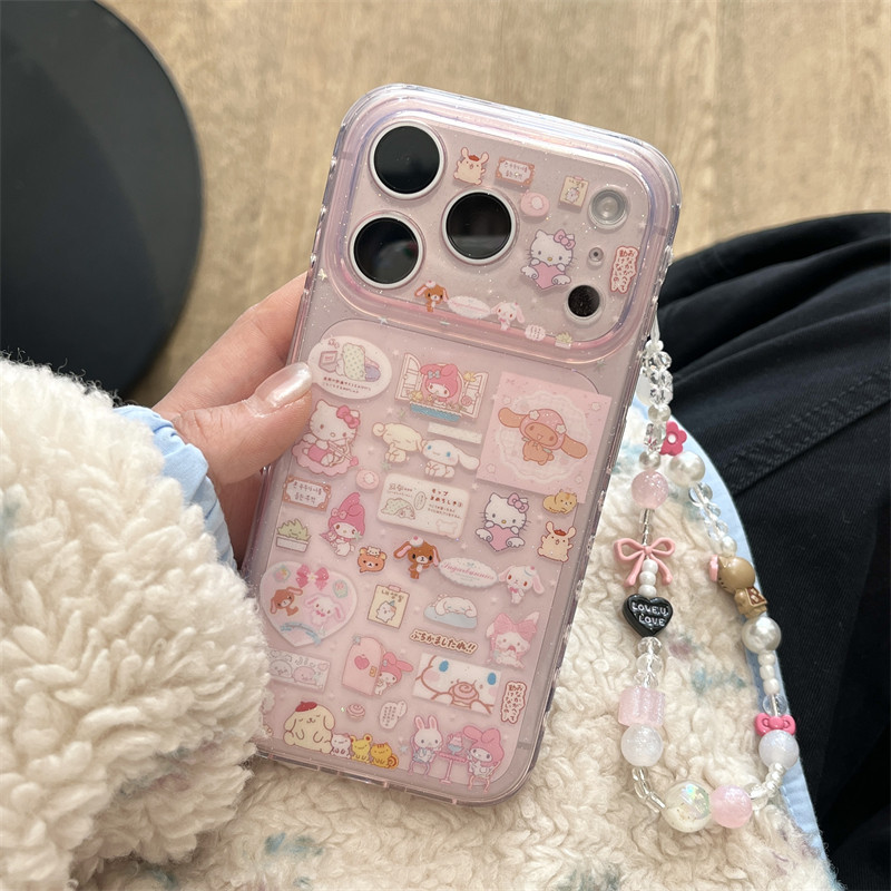 韩风ins可爱少女心半透粉色手账贴纸猫咪甜品兔子手链17promax适用iphone16pro双层细闪14硬壳苹果15手机壳