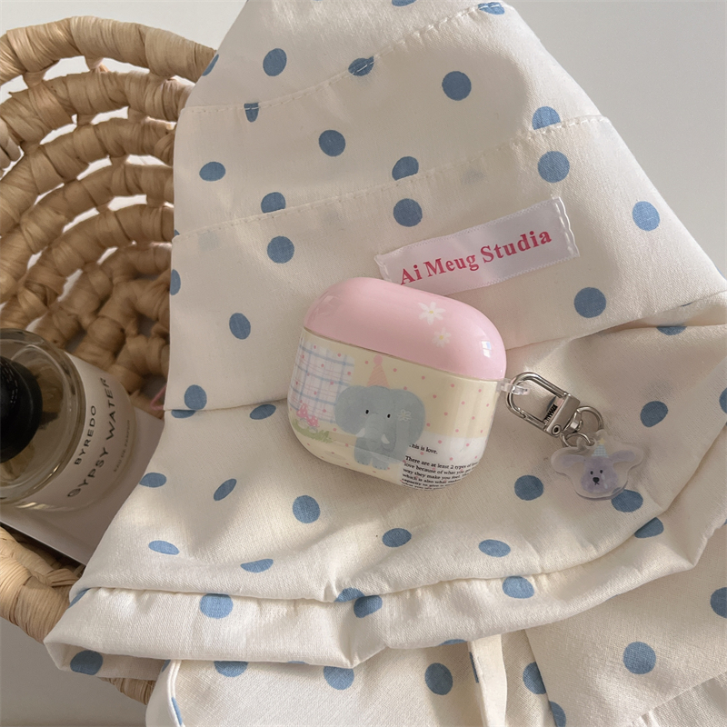 韩国ins可爱卡通少女心粉色波点格纹小象小熊吊坠airpods1/2代适用pro保护套4代3代苹果蓝牙耳机套pro2/3硬壳