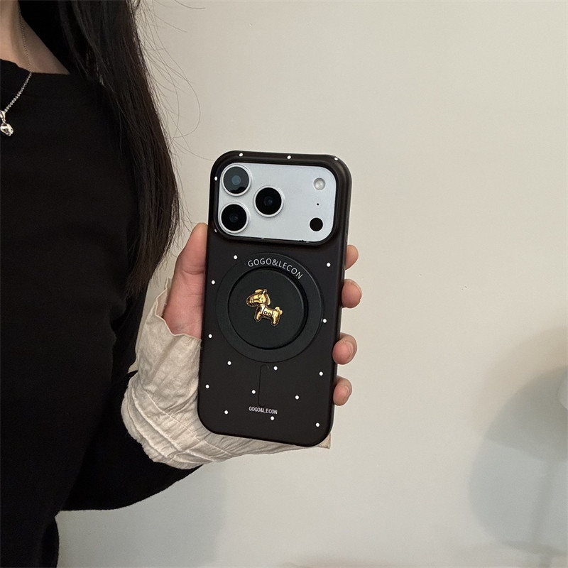 新年ins小众简约黑色波点金色小马磁吸支架17promax适用iphone16pro菲林硬壳苹果15pro手机壳防摔保护套男女,3C数码配件,手机保护套/壳,淘宝优惠券,粉丝福利购,淘宝优惠卷