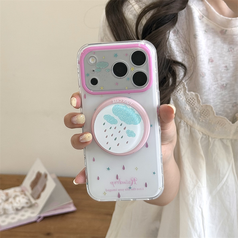 韩系ins温柔少女心可爱云朵雨滴鎏金磁吸支架17promax适用iphone16pro双层硬壳粉色雨滴星星苹果15pro手机壳