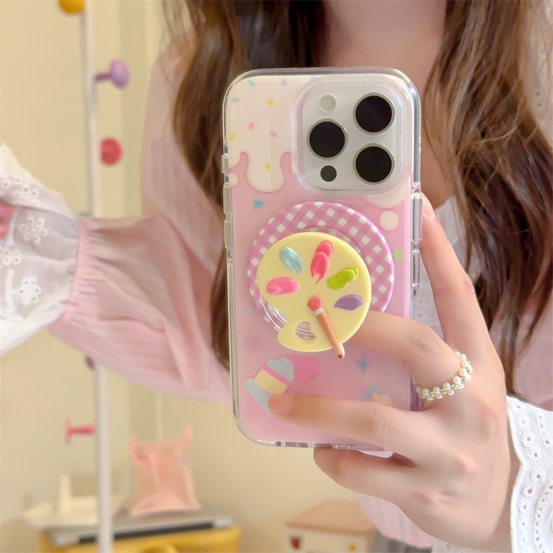 韩风ins可爱少女心创意绘画调色盘磁吸支架16promax适用iphone15pro圆边双层粉色奶油粉格纹14手机壳苹果13女