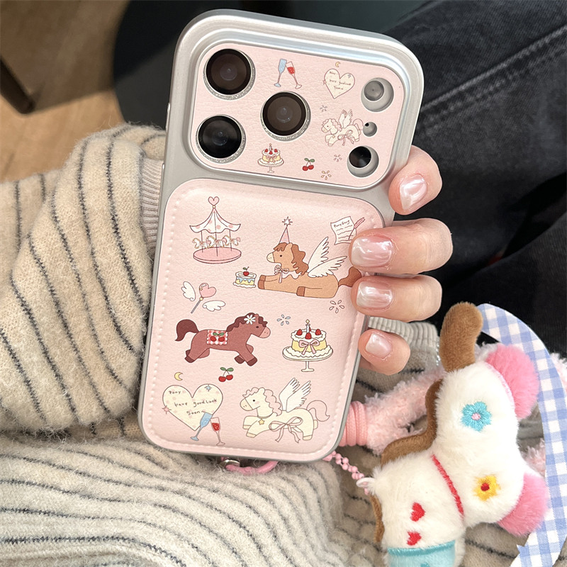 韩风ins可爱粉色少女心小马蛋糕乐园挂绳秒变17promax适用iphone16pro手机壳15苹果14手机壳电镀银边贴皮硬壳