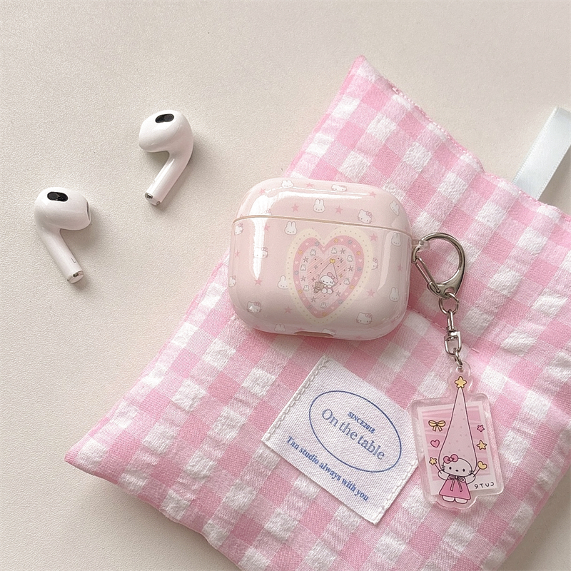 韩风ins可爱少女心粉色重叠爱心小兔子猫咪吊坠挂件airpods1/2代适用pro保护套4代3代苹果蓝牙耳机套pro2/3女