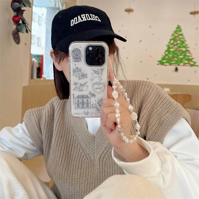 ins小众简约复古素描手绘小房子绵羊插画手链16promax适用iphone15pro圆弧双层磨砂14手机壳苹果13防摔硬壳女