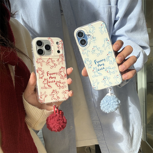 新年ins小众情侣款红蓝简约线条小马毛绒铃铛挂件17promax适用iphone16pro双层15手机壳14苹果13硬壳防摔男女