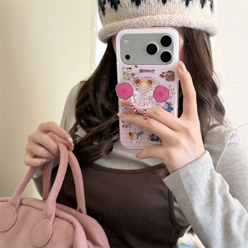韩风ins可爱少女心啦啦队coco酱女孩磁吸支架17air适用iphone16promax粉色格纹双层15手机壳14苹果13硬壳防摔