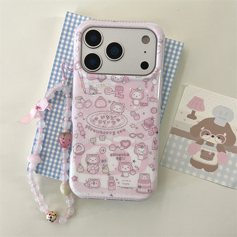 日韩ins可爱少女心粉色草莓瑞士卷小猫插画手链17promax适用iphone16圆边双层细闪14硬壳13苹果15pro手机壳
