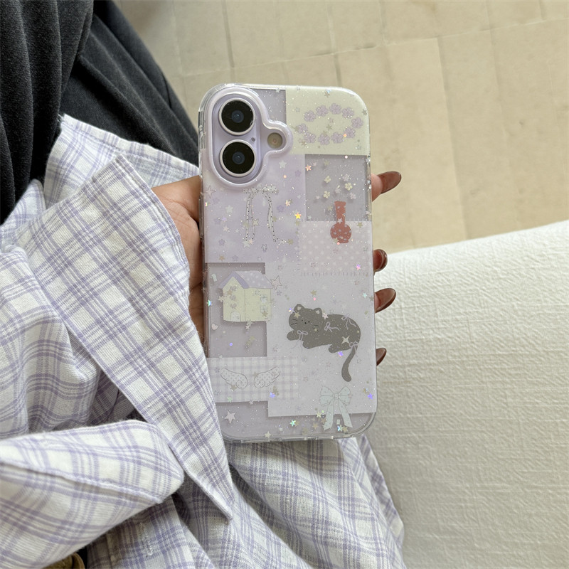 韩风ins可爱少女心卡通小房子黑猫17promax适用iphone16pro双层细闪紫色格子蝴蝶结15手机壳14苹果13硬壳防摔