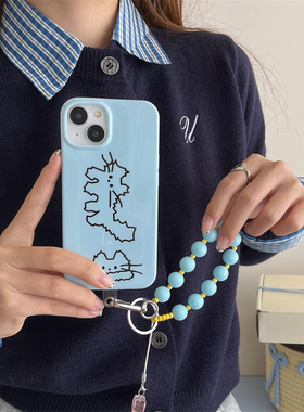 日韩ins可爱简约手绘线条插画炸毛猫咪15promax适用iphone16苹果13pro全包软壳12蓝色手腕链条13pro手机壳11