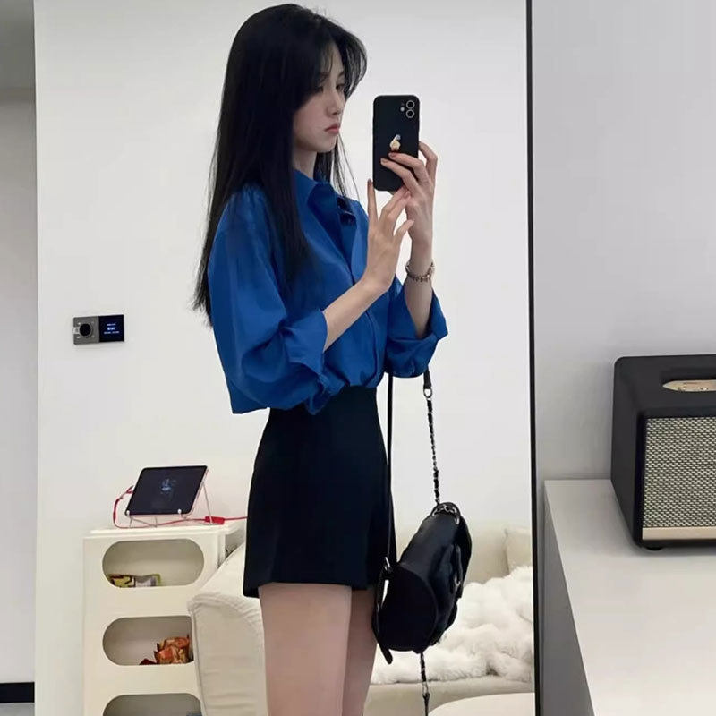 2026春装新款克莱因蓝色衬衫外套女夏季防晒衬衣法式气质宽松上衣