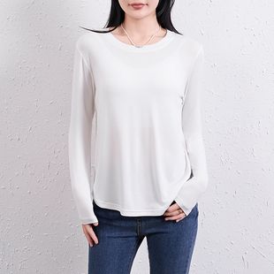 薄款 春秋莫代尔长袖 纯色上衣宽松T恤衫 女圆领休闲大码 秋衣 打底衫