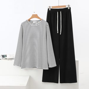 秋冬德绒睡衣女条纹家居服套装