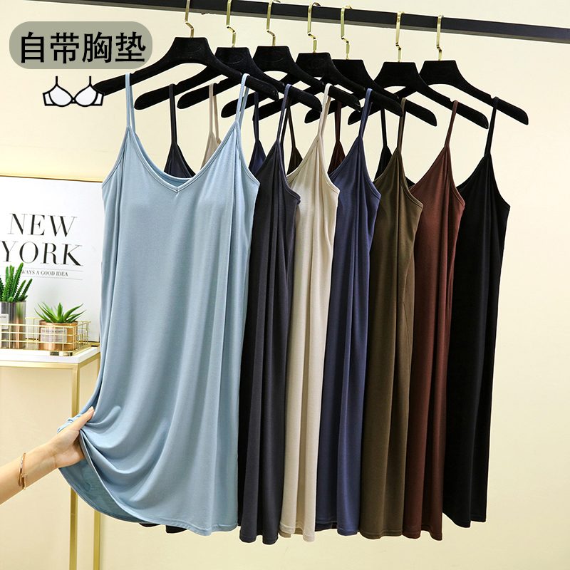 带胸垫莫代尔吊带裙女夏薄款冰丝居家睡裙大码外穿无袖背心连衣裙