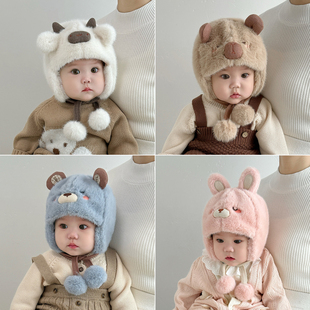婴儿帽子冬季男女宝宝保暖护耳毛绒帽冬天加厚加绒套头帽卡通可爱