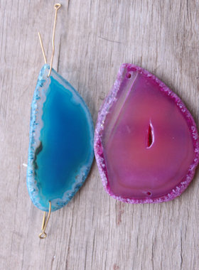 天然玛瑙切片吊坠 蓝色玫红双孔单孔坠子抱枕装饰diy手作饰品配件