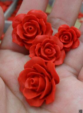 爆款天然朱砂雕刻玫瑰花 12/14/18/23mm红玫瑰侧竖孔项链手链配件