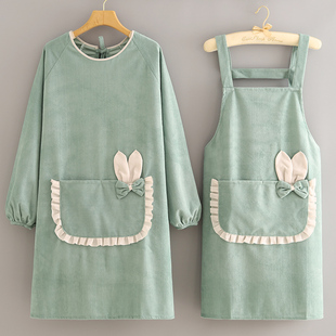 新款 罩衣家用厨房可爱防污围裙上班耐脏工作服护衣女 条绒防水长袖