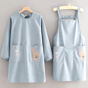 时尚 透气围裙厨房家用成人上班餐饮专用工作服女 条绒罩衣防污长袖