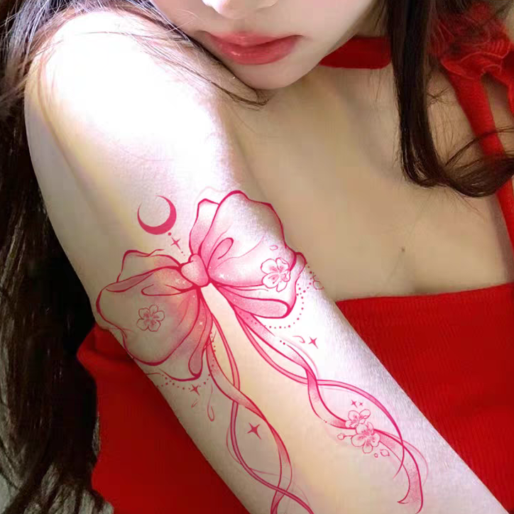 粉色月亮蝴蝶结纹身贴防水女持久 小清新手臂大腿贴纸遮盖伤疤