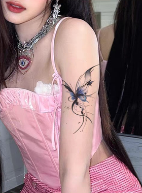 新款高级感简约背部手臂蓝色蝴蝶彩色纹身贴防水女持久可洗一次性