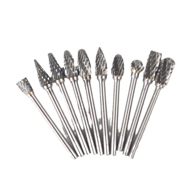 钨钢磨头铣刀硬质合金旋转锉木工金属雕刻木雕根雕单双纹10支套装