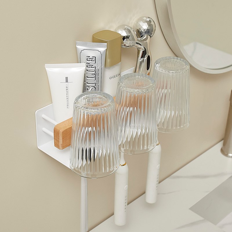 牙刷置物架免打孔卫生间洗漱台刷牙杯漱口原木牙膏架子牙刷架实木