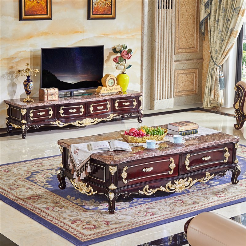 欧式实木雕花电视柜茶几组合美式红檀轻奢大小户型大理石储物地柜