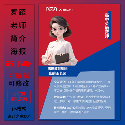 英语教师简介简历设计制作可定制ps格式模板个人展示海报电子版