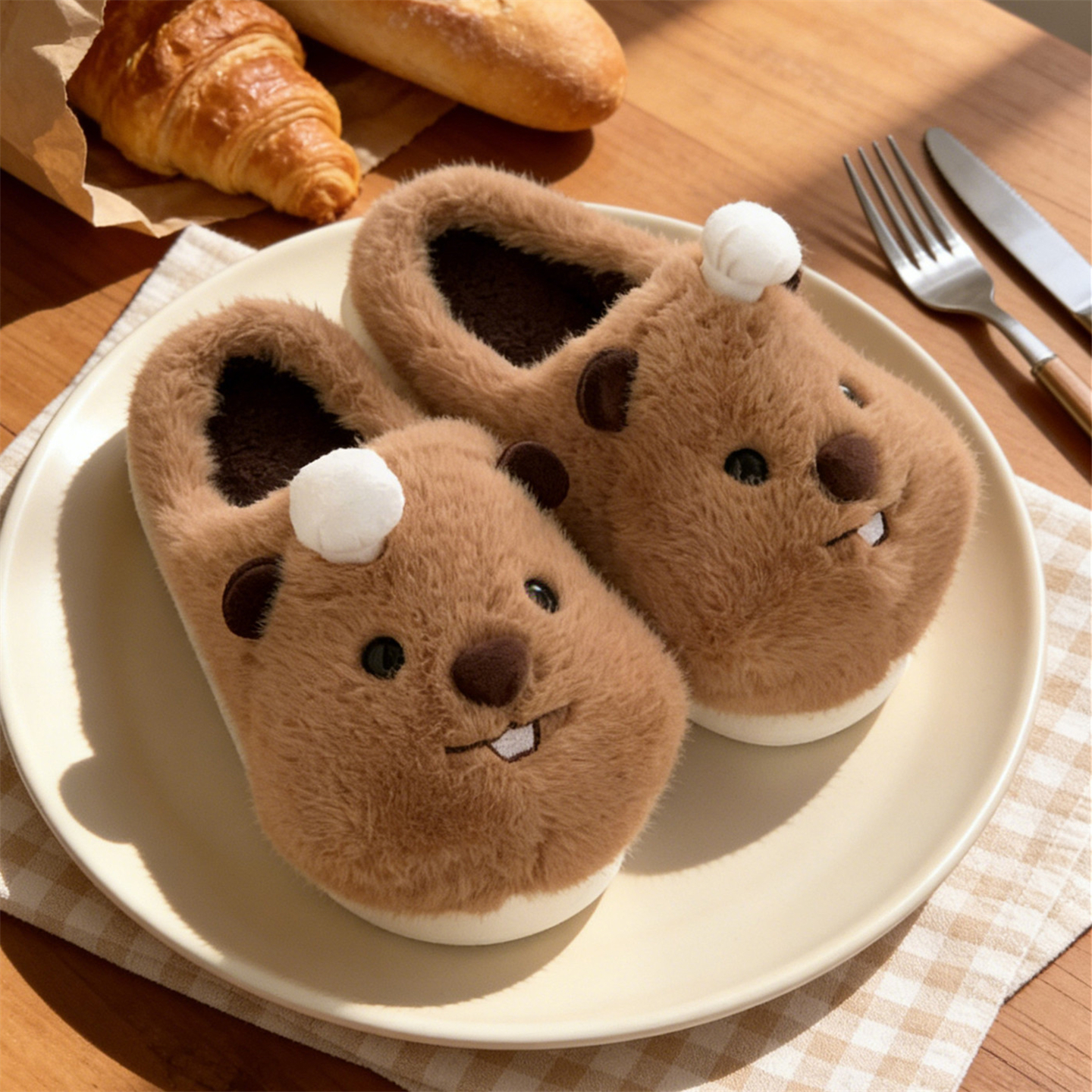 厨师帽土拨鼠棉拖鞋男女ins可爱