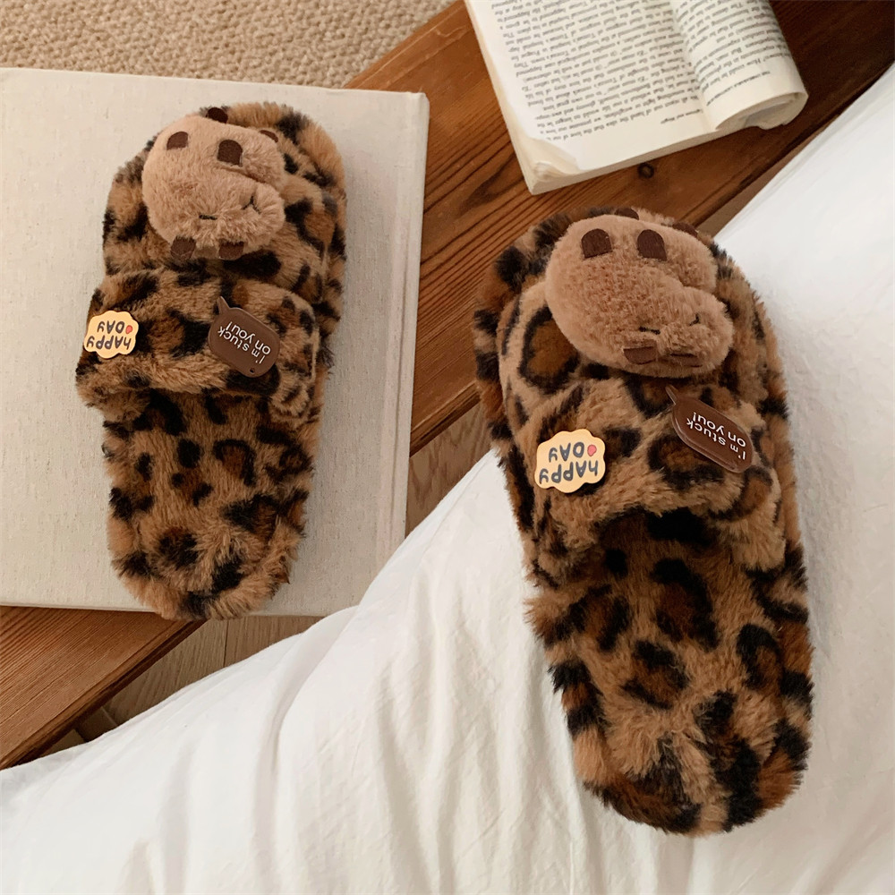 趣味卡皮巴拉水豚女士二字棉拖鞋保暖秋冬季豹纹舒适防滑毛毛拖鞋,居家布艺,居家棉拖/棉鞋,淘宝优惠券,粉丝福利购,淘宝优惠卷