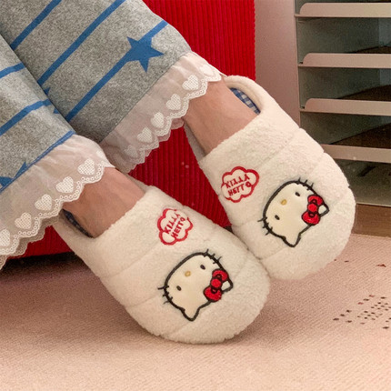 撞色格子少女心保暖毛毛鞋正版HelloKitty猫防滑冬ins软底棉拖鞋