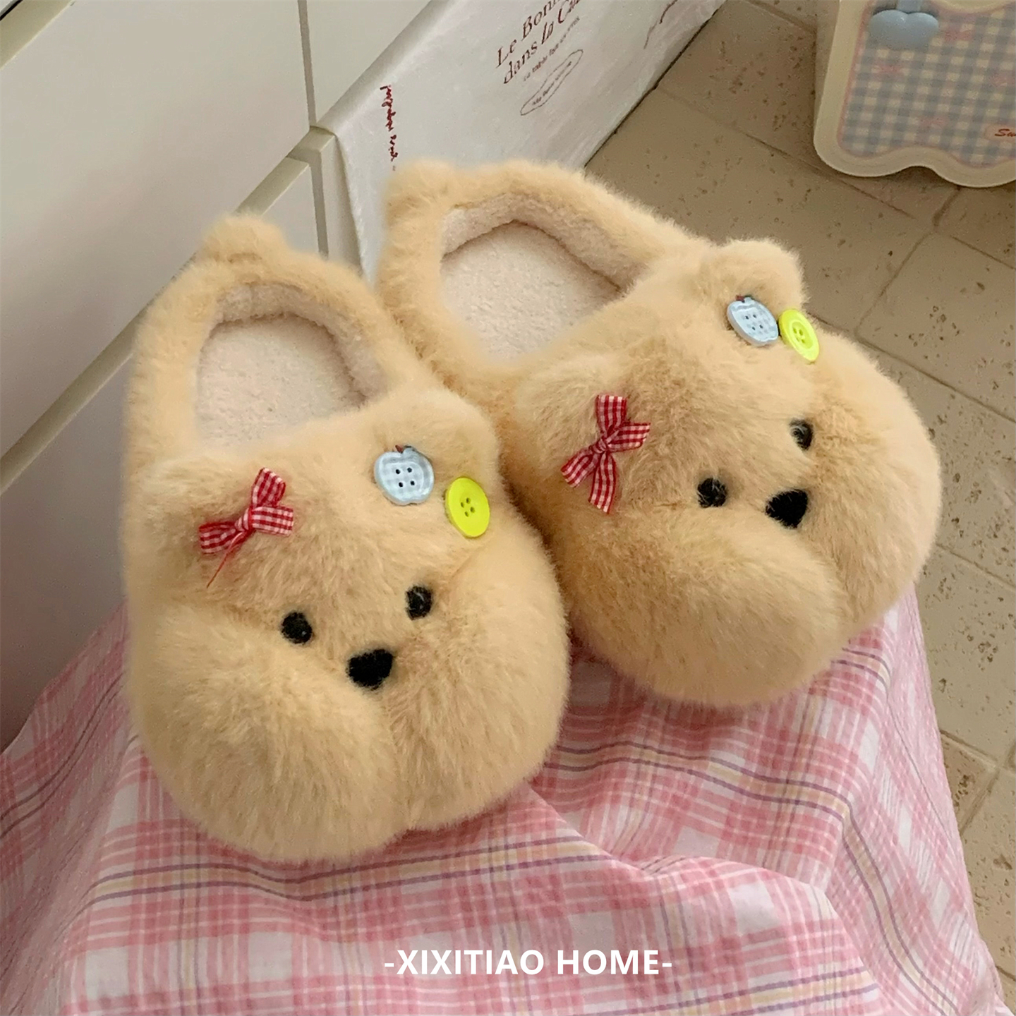 可爱蝴蝶结小胖熊棉拖鞋女2025