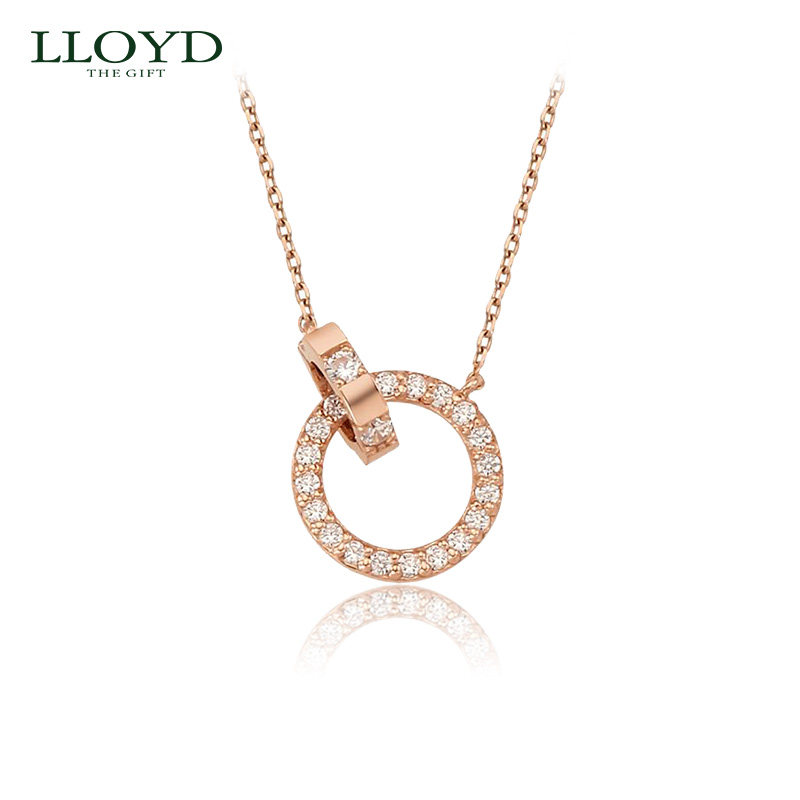 LLOYD洛雅蒂正品项链女 韩国14K时尚双环 玫瑰金闪钻圆环转运项链