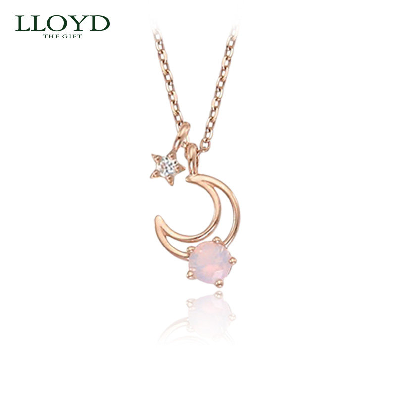 LLOYD洛雅蒂正品项链女 韩国10K金粉色蛋白石月亮项链 仙女锁骨链