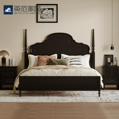 中古风全实木主卧1米8大床法式复古双人床安娜黑色床卧室婚床家具