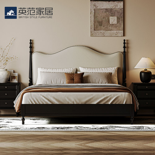 中古风实木床主卧法式复古黑色储物软包大床侘寂双人皮床【定制】