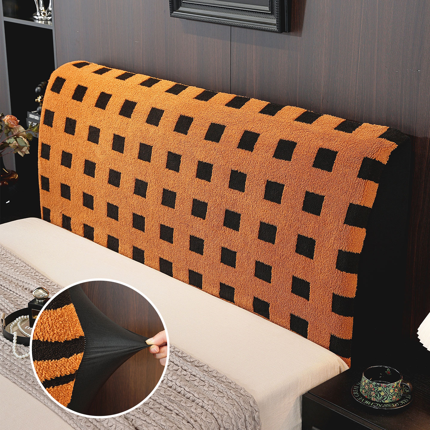 小格子床头罩秋冬毛绒保暖