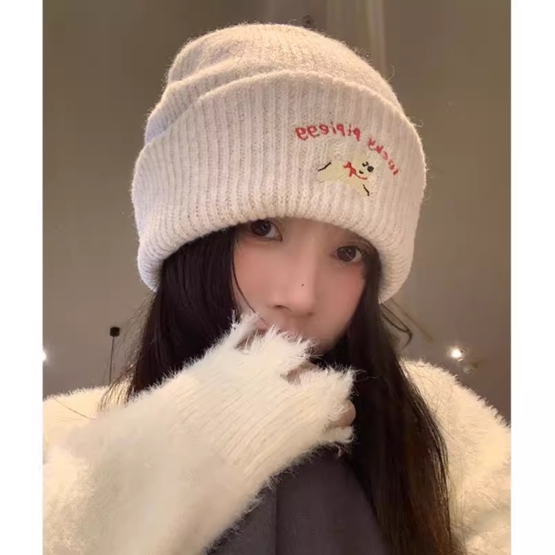 可爱小狗刺绣针织毛线帽女2025年新款秋冬季显脸小保暖大头围帽子