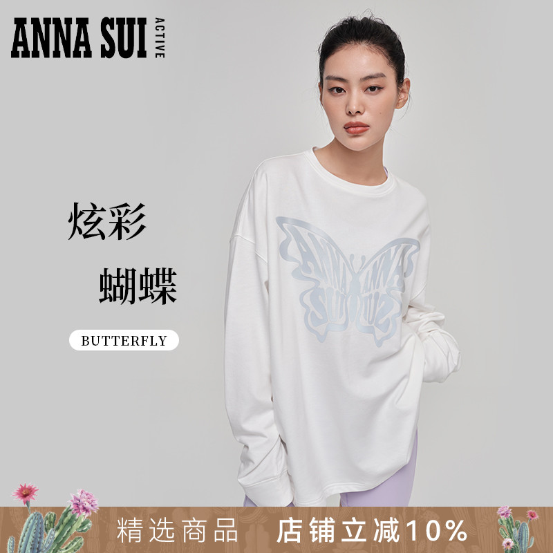 ANNA SUI安娜苏运动 银色反光蝴蝶慵懒感印花T恤宽松落肩袖卫衣女