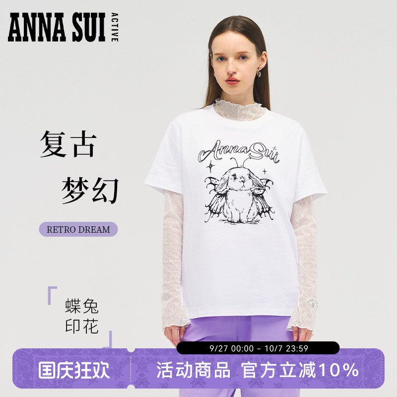 ANNA SUI安娜苏运动 全棉休闲短袖圆领T恤复古天使兔百搭时尚通勤