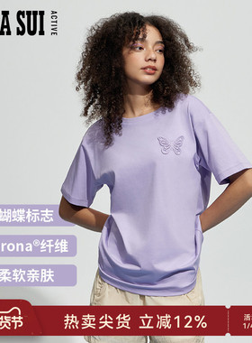 ANNA SUI安娜苏运动 多元系列 紫色蝴蝶蕾丝圆领短袖运动T恤女